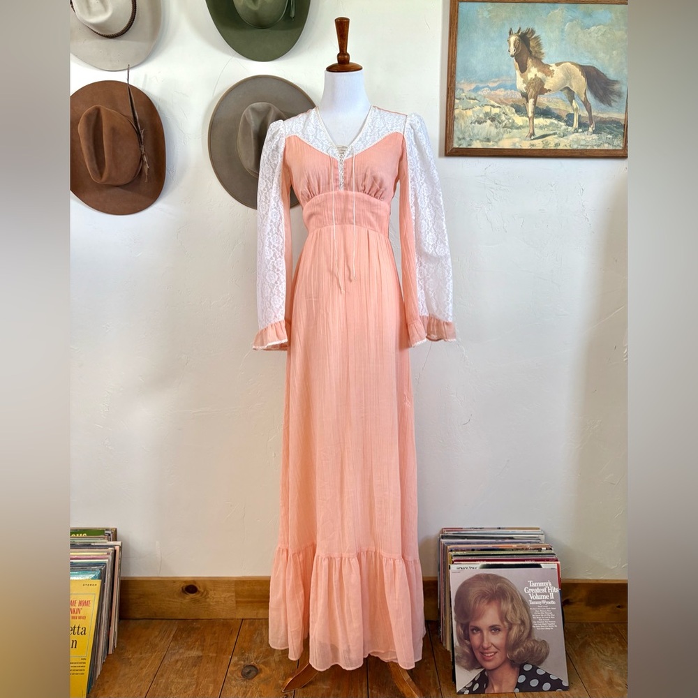 1970s Roberta of California Orange Pink Long Sleeve Prairie Dress